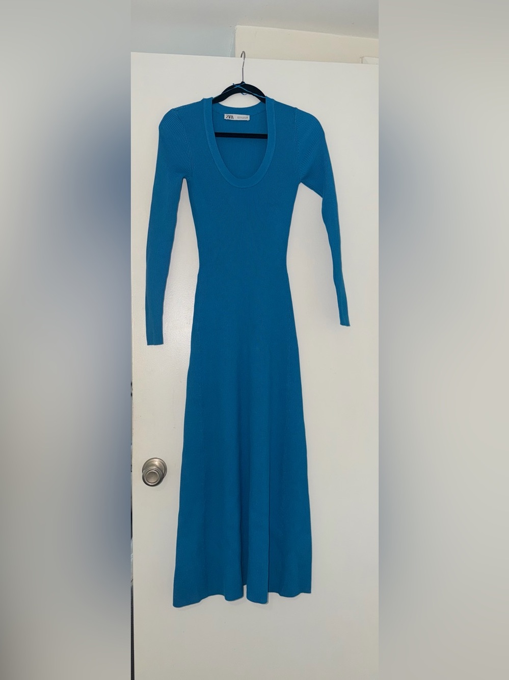 Zara Teal Long Sleeve Ribbed Maxi Dress